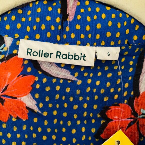 NWT Roller Rabbit Blue Kori Floral Nyana Tropical Rolled Up Sleeve Shirt Sz S - Picture 4 of 11